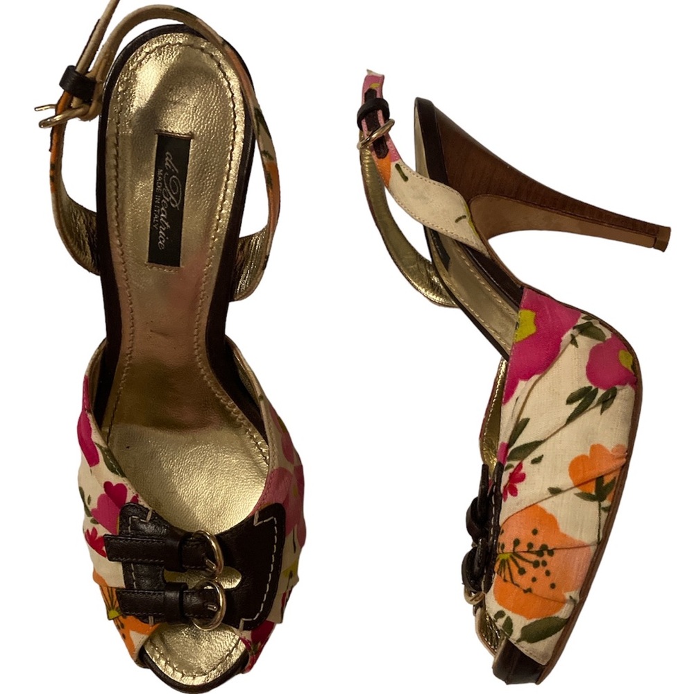 DI BEATRICE Italy Multi-color Florals Canvas Leather Slingback Pumps